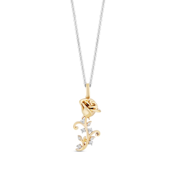 Enchanted Disney Belle 1/15 CT. T.w. Diamond Rose Pendant in Sterling Silver and 10K Gold - 19"