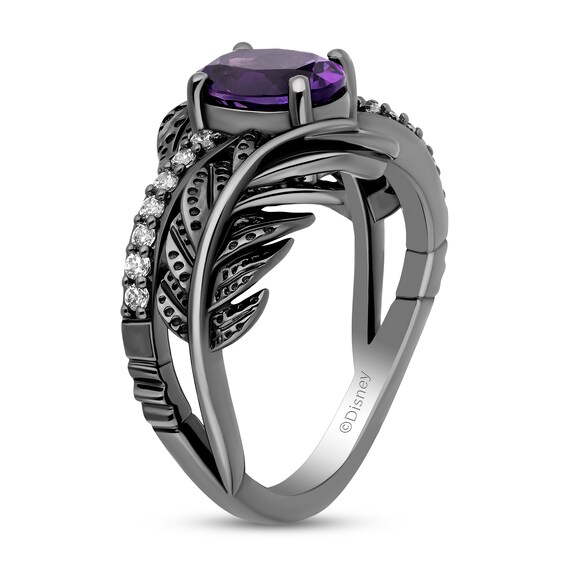 Enchanted Disney Villains Dr. Facilier Amethyst and 1/6 CT. T.w. Diamond Bypass Feather Ring in Black Sterling Silver