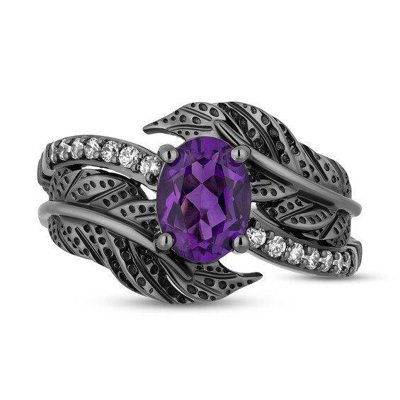 Enchanted Disney Villains Dr. Facilier Amethyst and 1/6 CT. T.w. Diamond Bypass Feather Ring in Black Sterling Silver