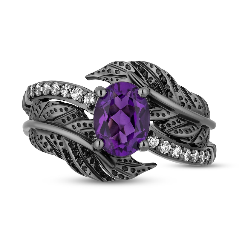 Main Image 4 of Enchanted Disney Villains Dr. Facilier Amethyst and 1/6 CT. T.W. Diamond Bypass Feather Ring in Black Sterling Silver