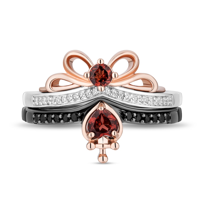 Enchanted Disney Garnet and 1/6 CT. T.W. Diamond Bow and Heart with Dagger Ring Set in Sterling Silver and Rose Gold