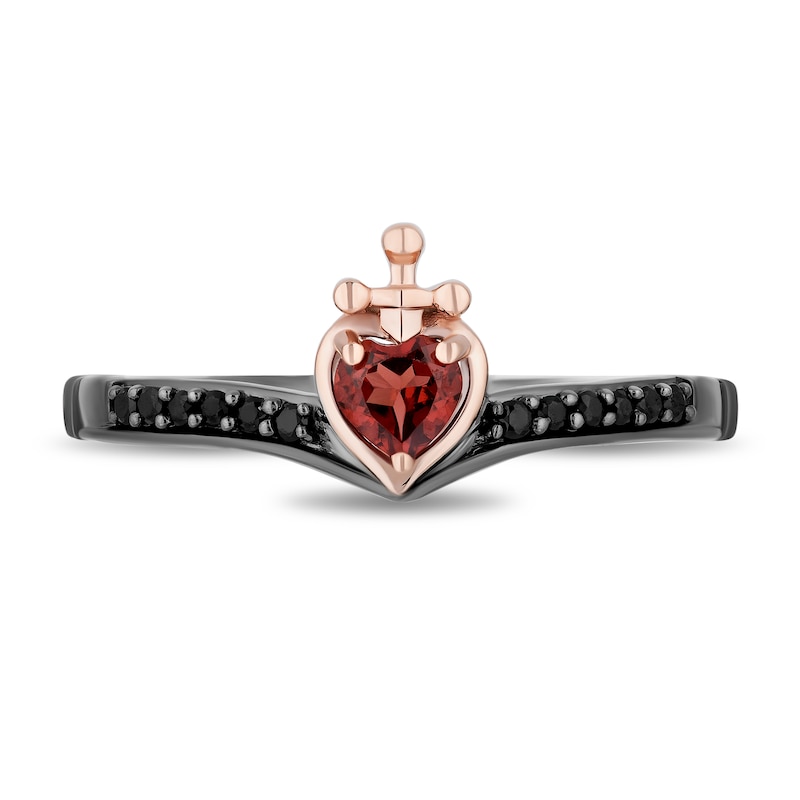 Enchanted Disney Garnet and 1/6 CT. T.W. Diamond Bow and Heart with Dagger Ring Set in Sterling Silver and Rose Gold