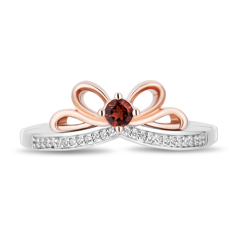 Main Image 7 of Enchanted Disney Garnet and 1/6 CT. T.W. Diamond Bow and Heart with Dagger Ring Set in Sterling Silver and Rose Gold