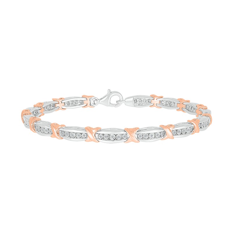 Main Image 2 of 1/4 CT. T.W. Diamonds Bar and X-Link Bracelet in Sterling Silver and 10K Rose Gold - 7.25"
