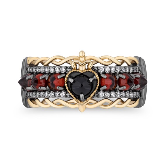 Enchanted Disney Villains Evil Queen 1/10 CT. T.w. Diamond, Onyx and Garnet Ring in Sterling Silver and 10K Gold - Size 7