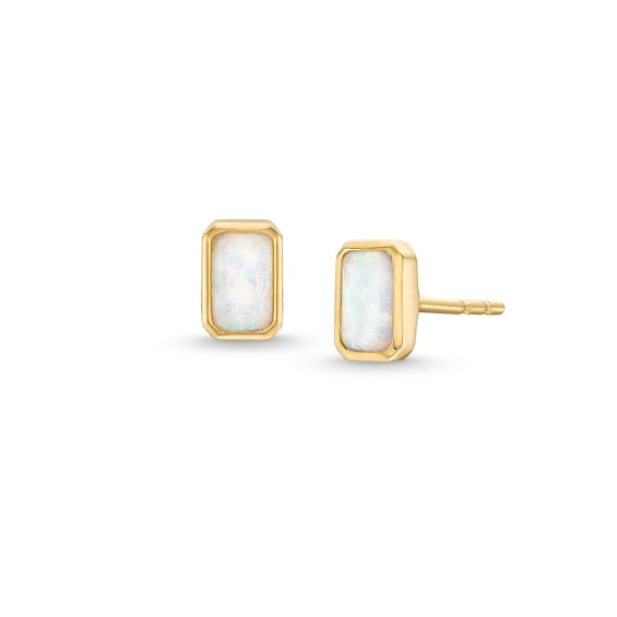 Emerald-Cut Lab-Created Opal Stud Earrings in 10K Yellow Gold