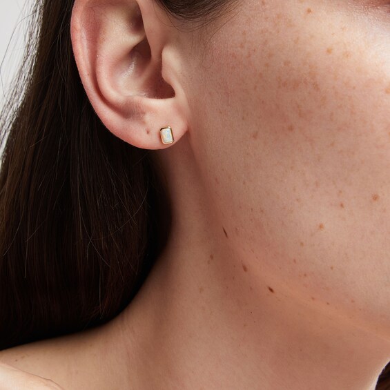 Emerald-Cut Lab-Created Opal Stud Earrings in 10K Yellow Gold