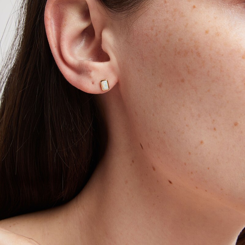 Main Image 2 of Emerald-Cut Lab-Created Opal Stud Earrings in 10K Yellow Gold