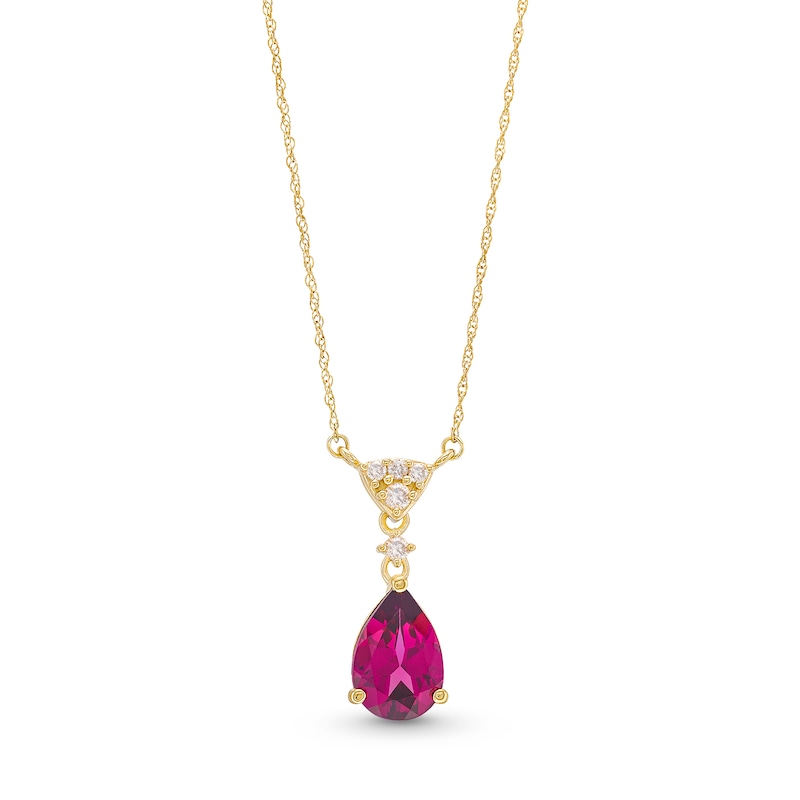 Main Image 1 of Pear-Shaped Rhodolite Garnet and 1/15 CT. T.W. Diamond Drop Necklace in 10K Gold