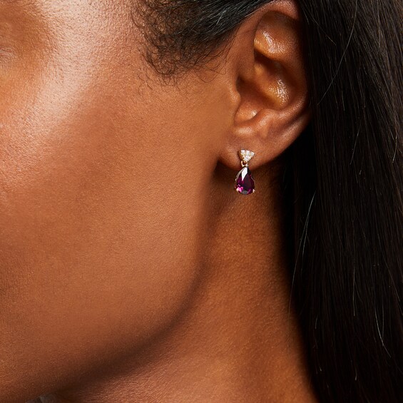 Pear-Shaped Rhodolite Garnet and 1/10 CT. T.w. Diamond Drop Earrings in 10K Gold