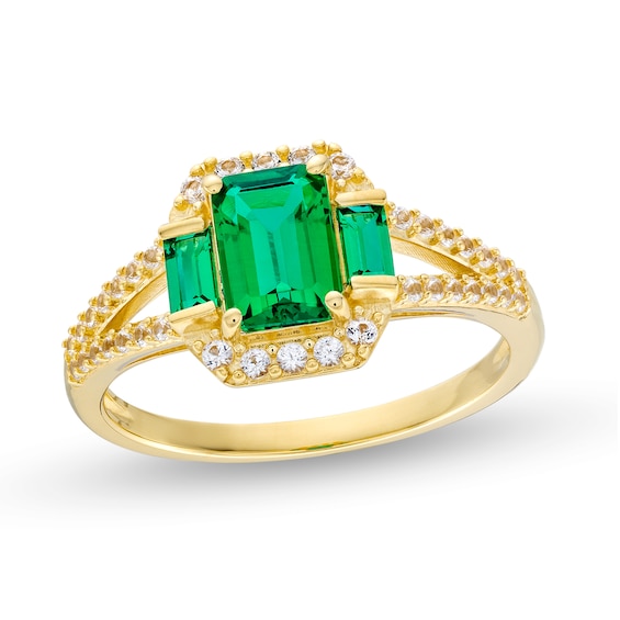 Lab-Created Emerald and White Lab-Created Sapphire Three Stone Ring in 10K Gold