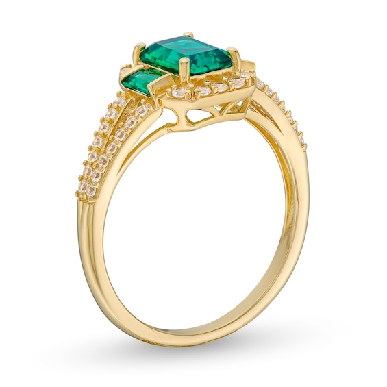 Lab-Created Emerald and White Sapphire Three Stone Ring 10K Gold