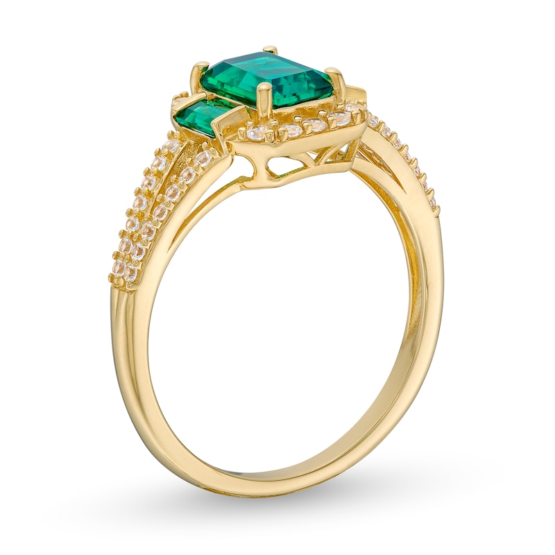 Lab-Created Emerald and White Lab-Created Sapphire Three Stone Ring in ...