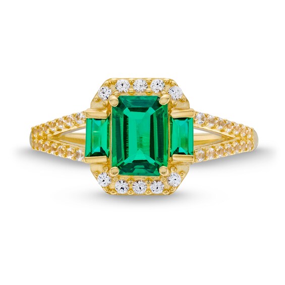 Lab-Created Emerald and White Sapphire Three Stone Ring 10K Gold