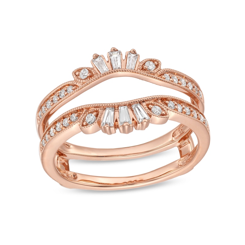 Main Image 1 of 1/3 CT. T.W. Baguette and Round Diamond Vintage-Style Solitaire Ring Enhancer in 14K Rose Gold