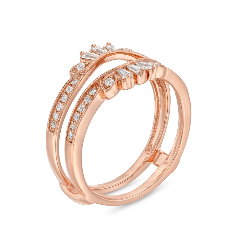 Main Image 3 of 1/3 CT. T.W. Baguette and Round Diamond Vintage-Style Solitaire Ring Enhancer in 14K Rose Gold