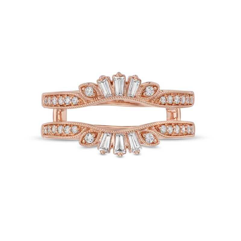 Main Image 4 of 1/3 CT. T.W. Baguette and Round Diamond Vintage-Style Solitaire Ring Enhancer in 14K Rose Gold