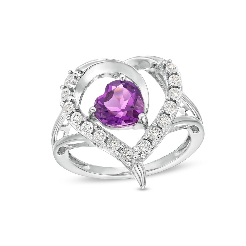 Main Image 1 of Heart-Shaped Amethyst and 1/15 CT. T.W. Diamond Heart Ring in Sterling Silver