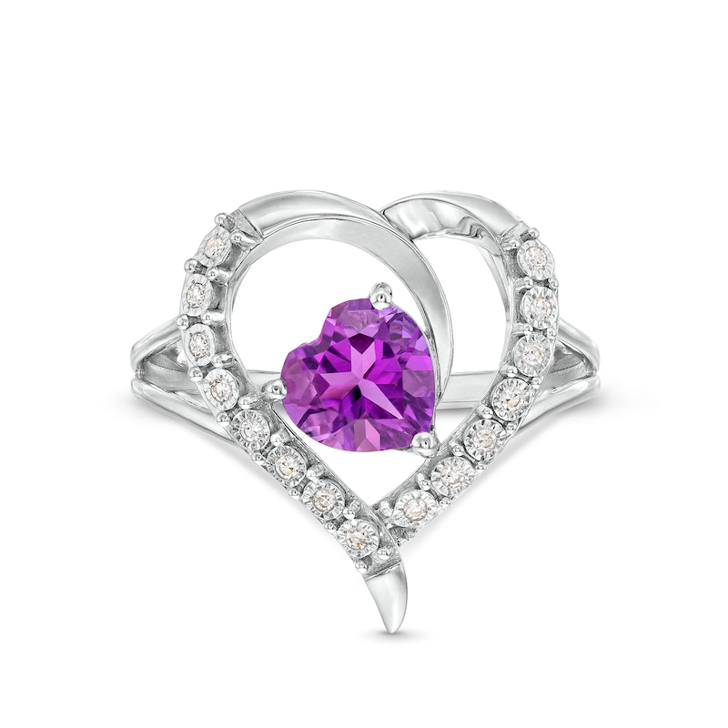 Main Image 4 of Heart-Shaped Amethyst and 1/15 CT. T.W. Diamond Heart Ring in Sterling Silver