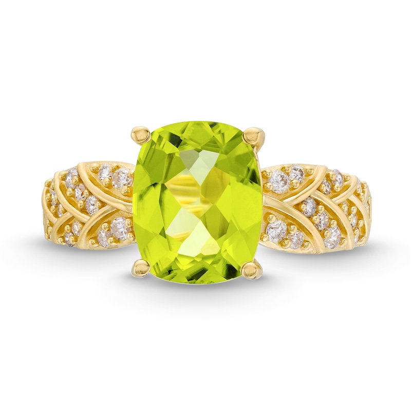 Cushion-Cut Peridot and 1/5 CT. T.W. Diamond Basket Weave Ring in 10K Gold