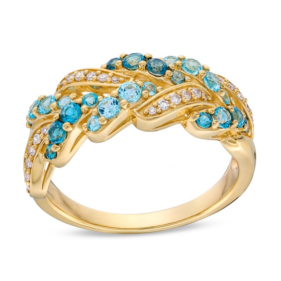 London Blue Topaz, Swiss Blue Topaz and 1/10 CT. T.w. Diamond Ring in 10K Gold