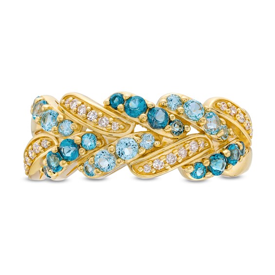 London Blue Topaz, Swiss Blue Topaz and 1/10 CT. T.w. Diamond Ring in 10K Gold