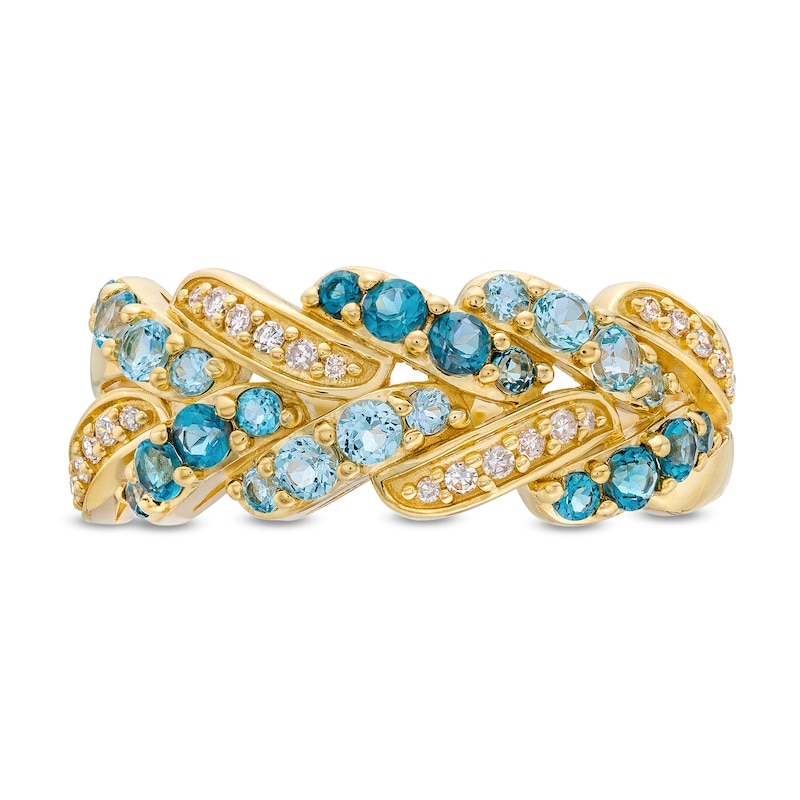 London Blue Topaz, Swiss Blue Topaz and 1/10 CT. T.W. Diamond Ring in 10K Gold