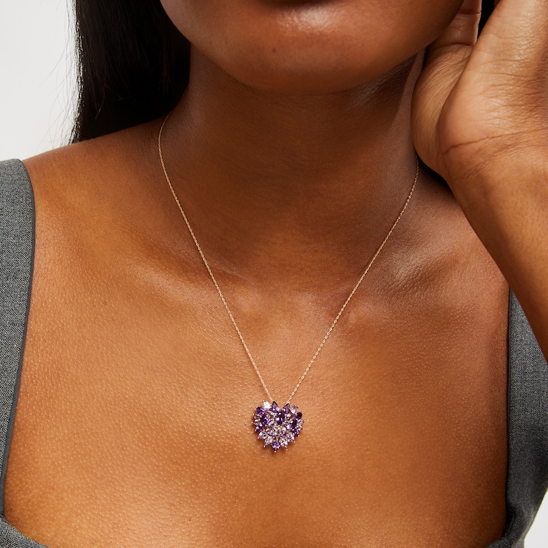 Pear-Shaped Amethyst and Pink Quartz Heart Pendant in 10K Gold