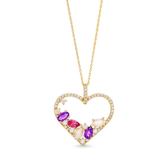 Amethyst, Tourmaline, Lab-Created Opal and 3/8 CT. T.w. Diamond Open Heart Pendant in 10K Gold