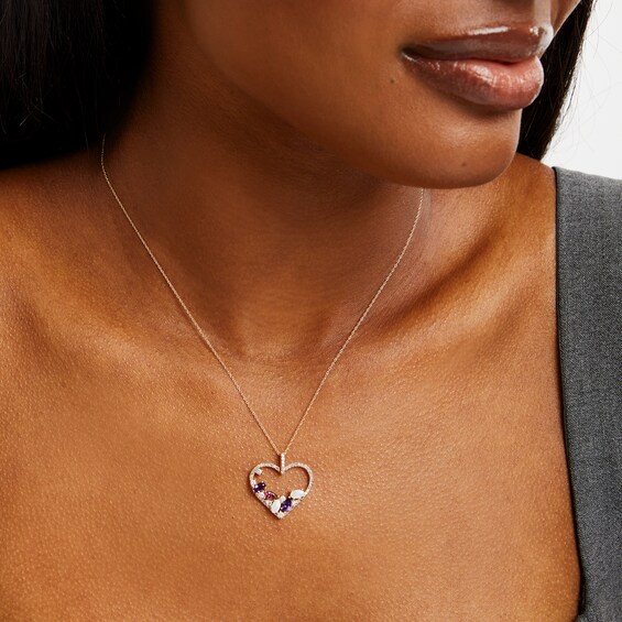 Amethyst, Tourmaline, Lab-Created Opal and 3/8 CT. T.w. Diamond Open Heart Pendant in 10K Gold