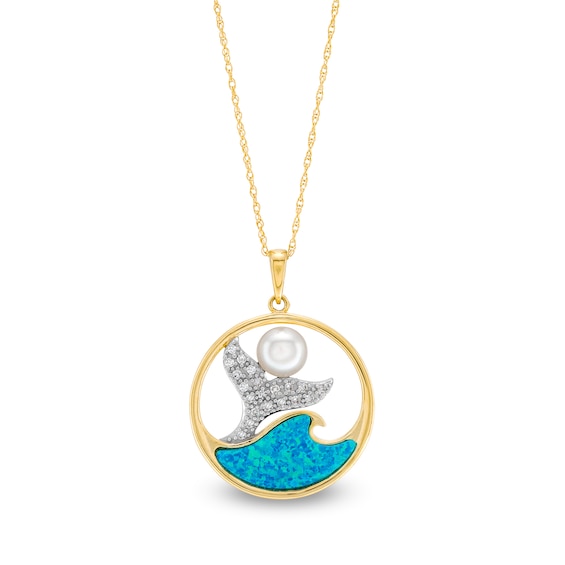 Freshwater Cultured Pearl, Blue Lab-Created Opal and 1/10 CT. T.w. Diamond Mermaid Pendant in 10K Gold