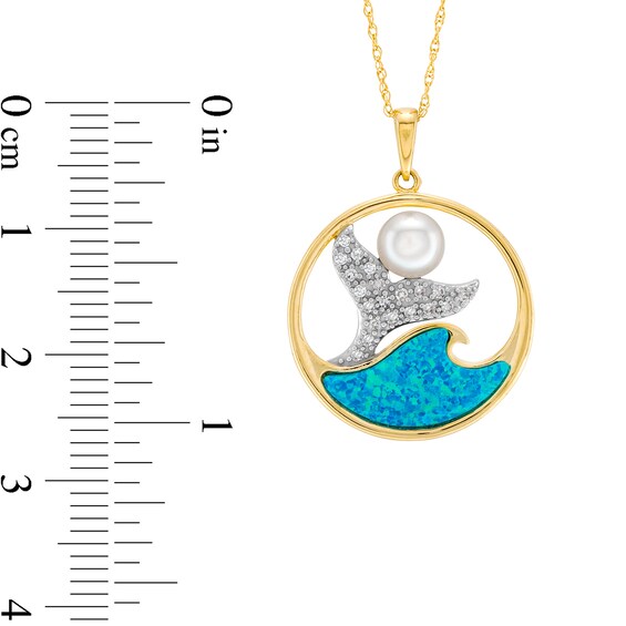 Freshwater Cultured Pearl, Blue Lab-Created Opal and 1/10 CT. T.w. Diamond Mermaid Pendant in 10K Gold
