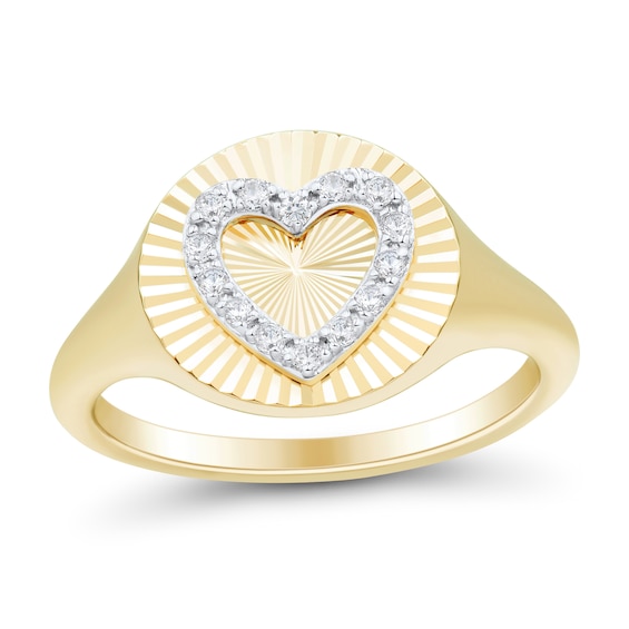 1/10 CT. T.w. Diamond Heart Sunburst Signet Ring in 10K Gold