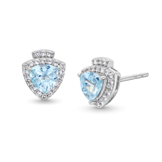 Trillion-Cut Aquamarine and White Lab-Created Sapphire Stud Earrings in Sterling Silver