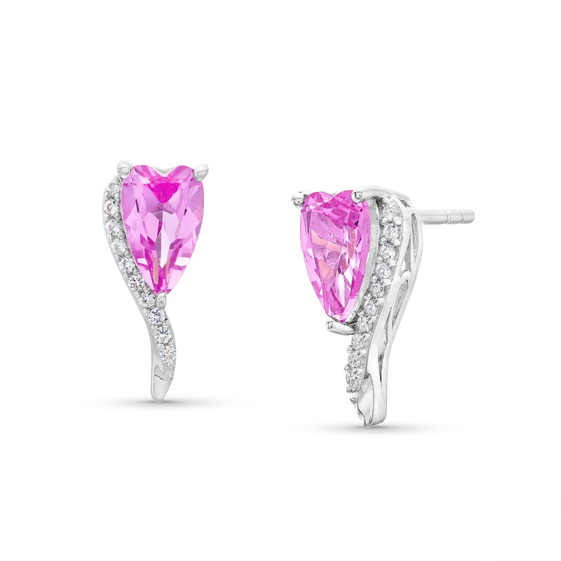 Main Image 1 of Heart-Shaped Pink Lab-Created Sapphire and White Lab-Created Sapphire Earrings in Sterling Silver