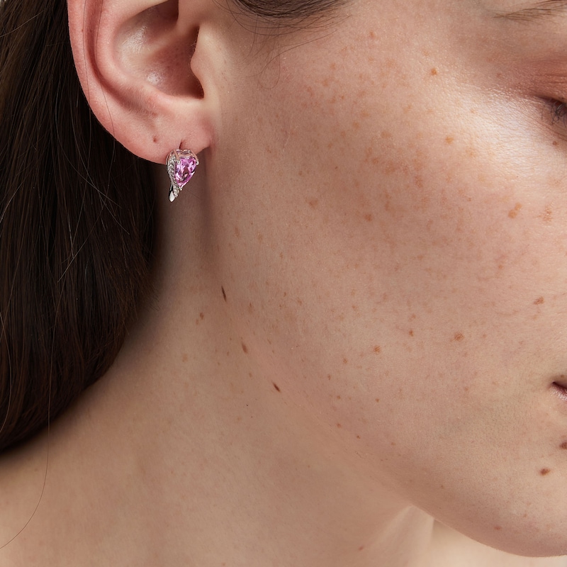 Main Image 2 of Heart-Shaped Pink Lab-Created Sapphire and White Lab-Created Sapphire Earrings in Sterling Silver