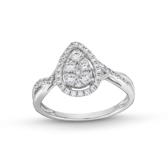 1/2 CT. T.w. Pear-Shaped Multi-Diamond Frame Twist Shank Engagement Ring in 10K White Gold