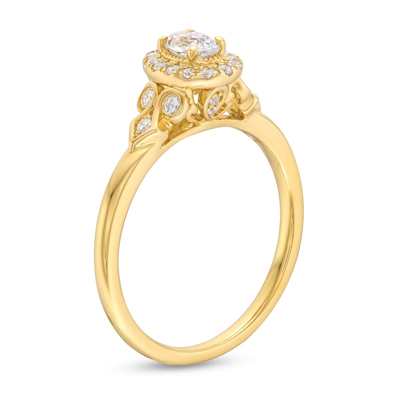 Main Image 3 of 3/8 CT. T.W. Oval Diamond Frame Leaf-Sides Engagement Ring in 14K Gold
