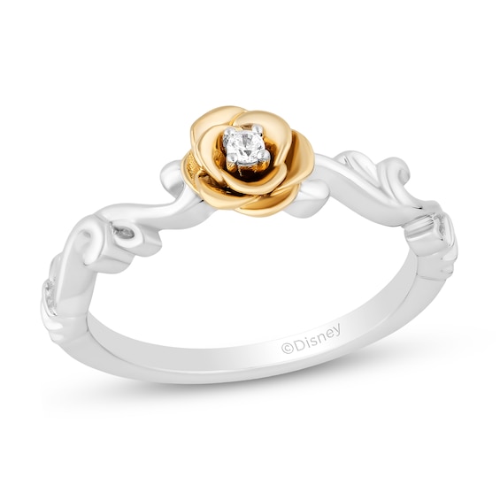 Enchanted Disney Belle Diamond Accent Solitaire Rose Scrolled Promise Ring in 10K Two-Tone Gold