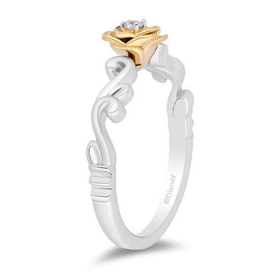 Enchanted Disney Belle Diamond Accent Solitaire Rose Scrolled Promise Ring in 10K Two-Tone Gold