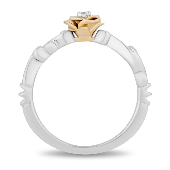 Enchanted Disney Belle Diamond Accent Solitaire Rose Scrolled Promise Ring in 10K Two-Tone Gold