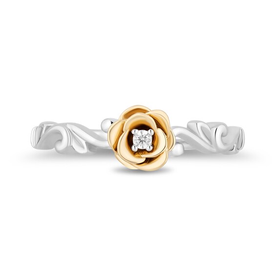 Enchanted Disney Belle Diamond Accent Solitaire Rose Scrolled Promise Ring in 10K Two-Tone Gold