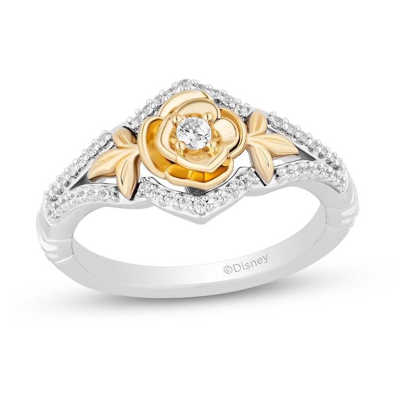 Main Image 1 of Enchanted Disney Belle 1/5 CT. T.W. Diamond Rose Split Shank Ring in Sterling Silver and 10K Gold