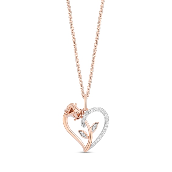 Enchanted Disney Belle 1/10 CT. T.w. Diamond Rose and Heart Pendant in 10K Rose Gold - 19"