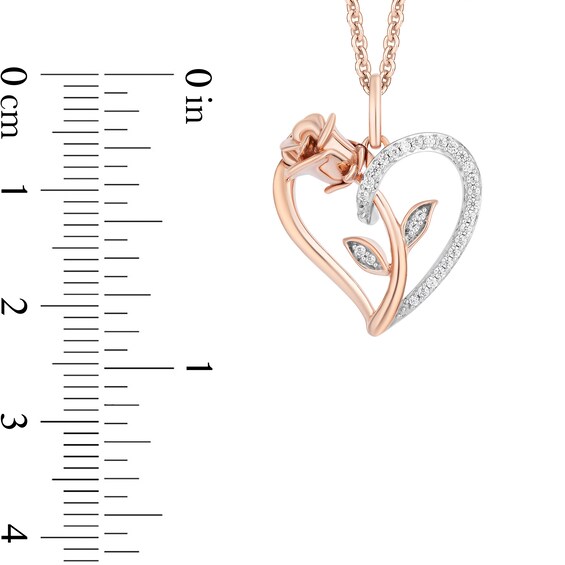 Enchanted Disney Belle 1/10 CT. T.w. Diamond Rose and Heart Pendant in 10K Rose Gold - 19"