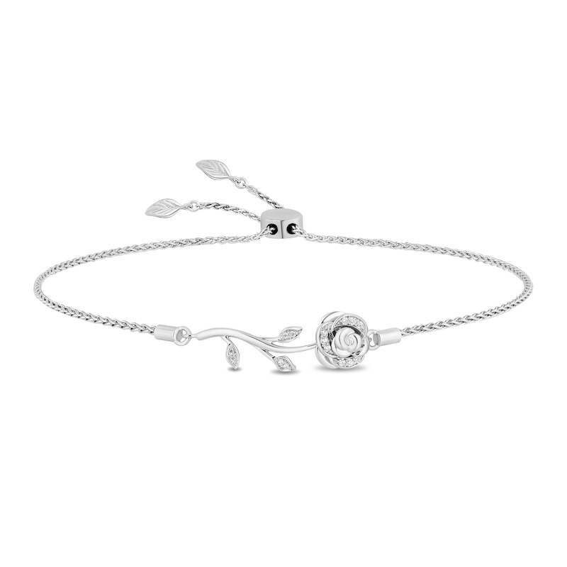 Main Image 1 of Enchanted Disney Belle 1/10 CT. T.W. Diamond Rose Bolo Bracelet in Sterling Silver and 10K White Gold - 8.5"