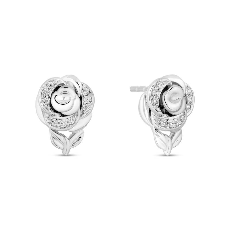 Main Image 2 of Enchanted Disney Belle 1/15 CT. T.W. Diamond Rose Stud Earrings in 10K White Gold