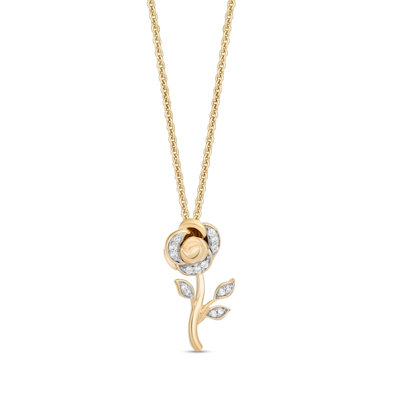 Main Image 1 of Enchanted Disney Belle 1/10 CT. T.W. Diamond Rose Pendant in 10K Gold - 19"