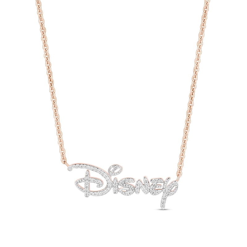 Main Image 1 of Enchanted Disney 1/6 CT. T.W. Diamond Script Necklace in 10K Rose Gold