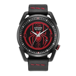 Men's Citizen Eco-Drive® ©MARVEL Spider-Man Watch with Black Logo Dial and Black Leather Strap (Model: AW1685-00W)